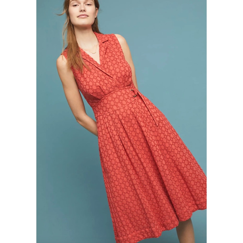 BY ANTHROPOLOGIE Collared Elm Eyelet Faux Wrap Midi Dress